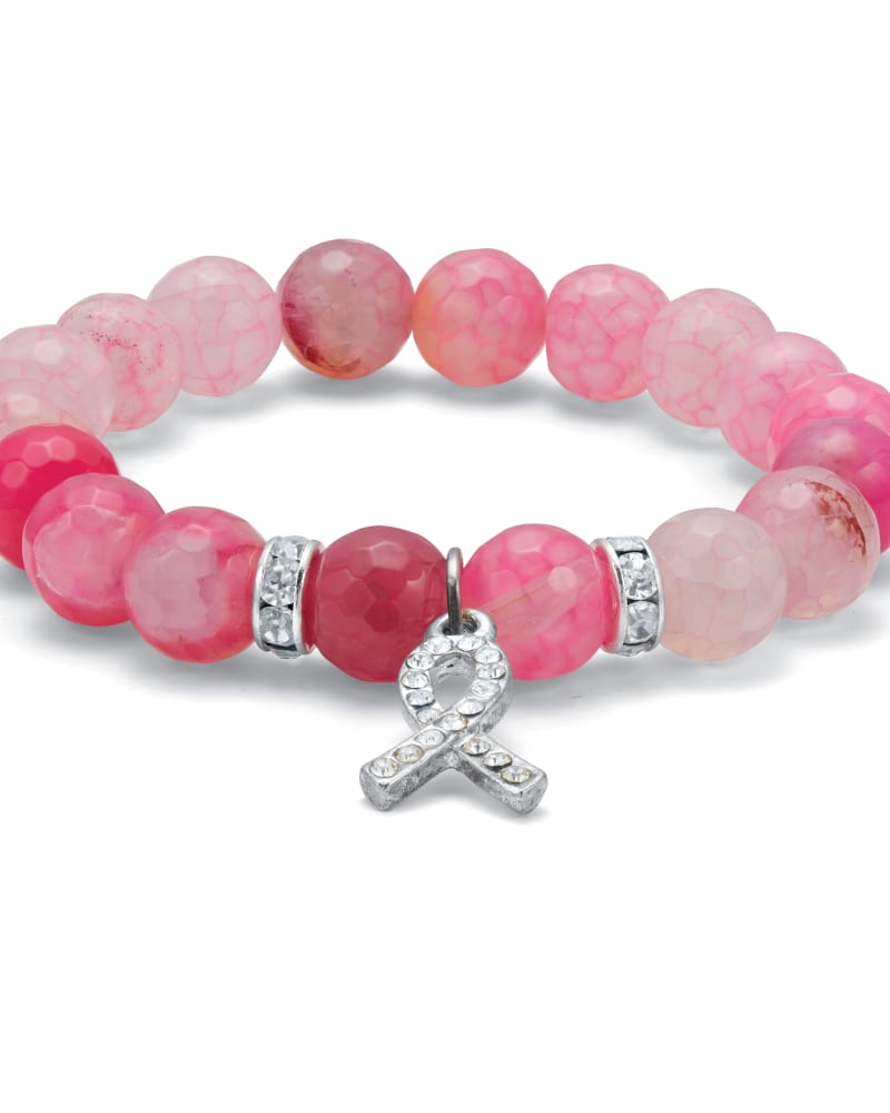 Front of a size 7 in Crystal Accented Beaded Breast Cancer Awareness Stretch Bracelet, 7 Inch in White by PalmBeach Jewelry. | dia_product_style_image_id:333113